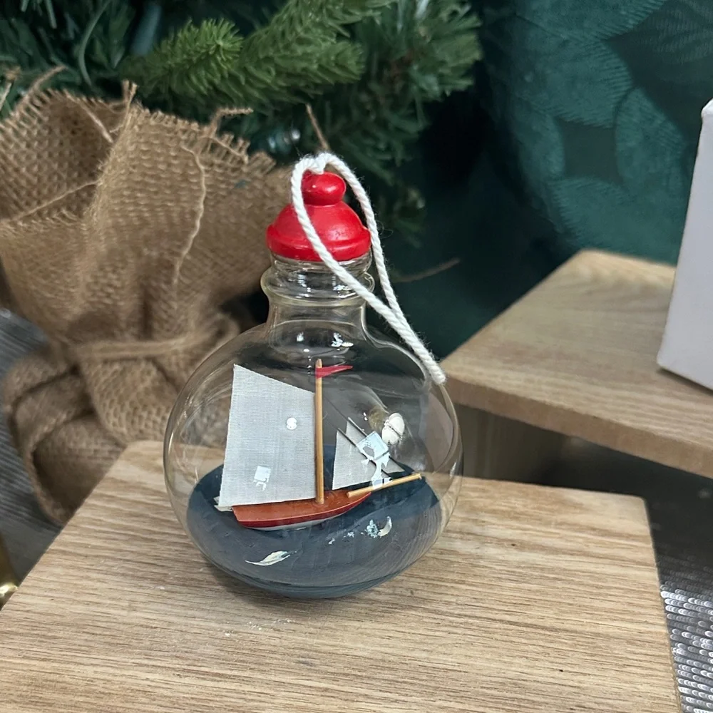 Crate & Barrel Ship-In-A-Bottle Glass Christmas Ornament Nautical